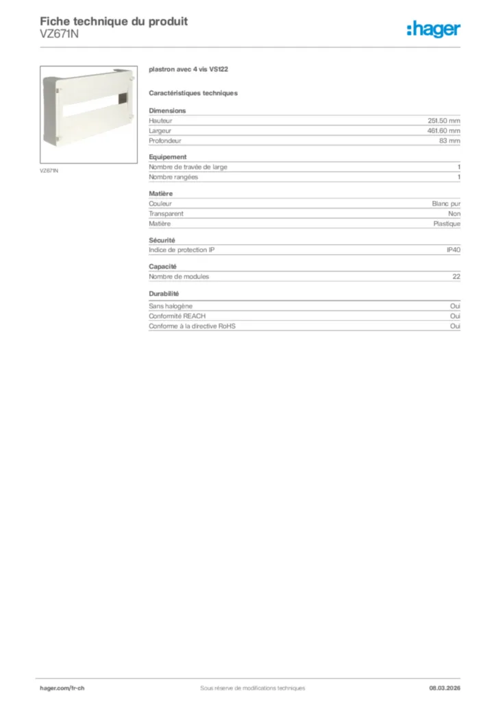 Image Hager Fiche technique du produit VZ671N | Hager Suisse