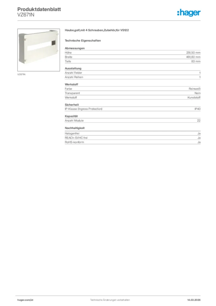 Bild Hager Produktdatenblatt VZ671N | Hager Deutschland