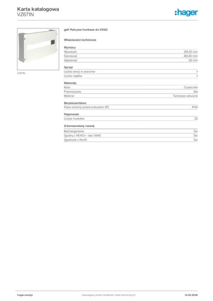 Zdjęcie Hager Karta katalogowa VZ671N | Hager Polska