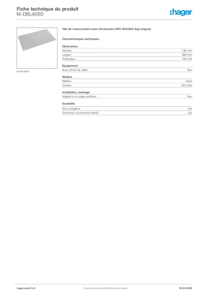 Image Hager Fiche technique du produit M-DBL4080 | Hager Suisse