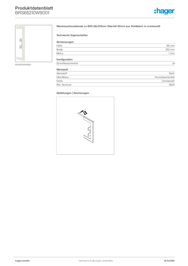 Bild Hager Produktdatenblatt BRS65210W9001 | Hager Deutschland