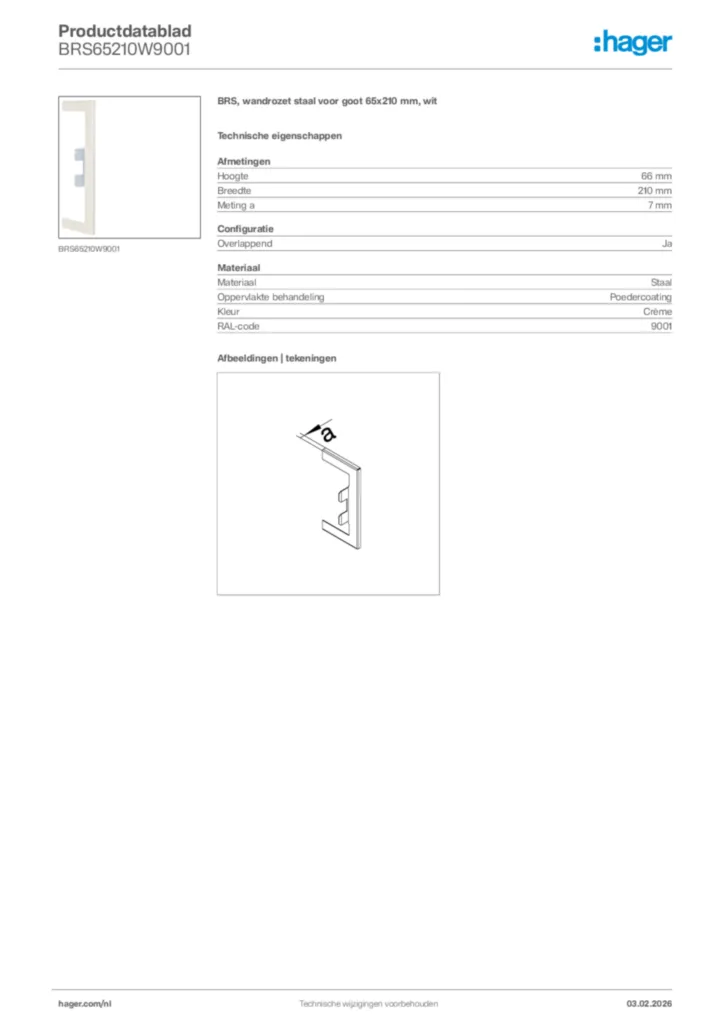 Afbeelding Hager Productdatablad BRS65210W9001 | Hager Nederland