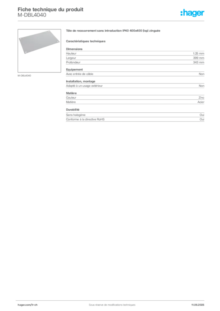 Image Hager Fiche technique du produit M-DBL4040 | Hager Suisse