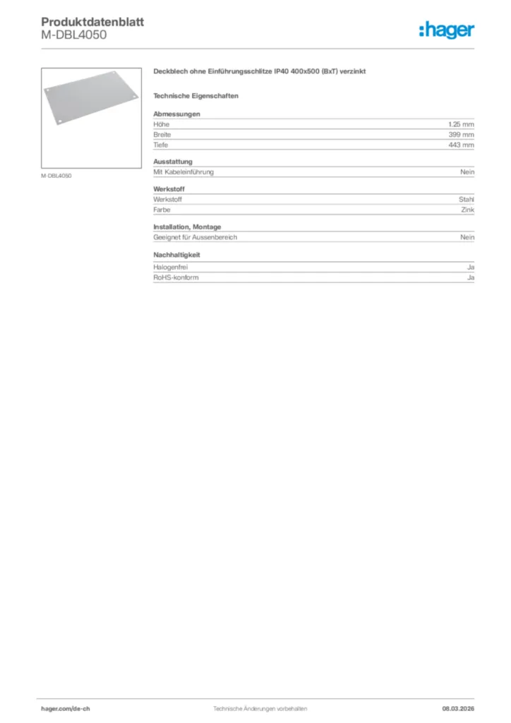 Bild Hager Produktdatenblatt M-DBL4050 | Hager Schweiz