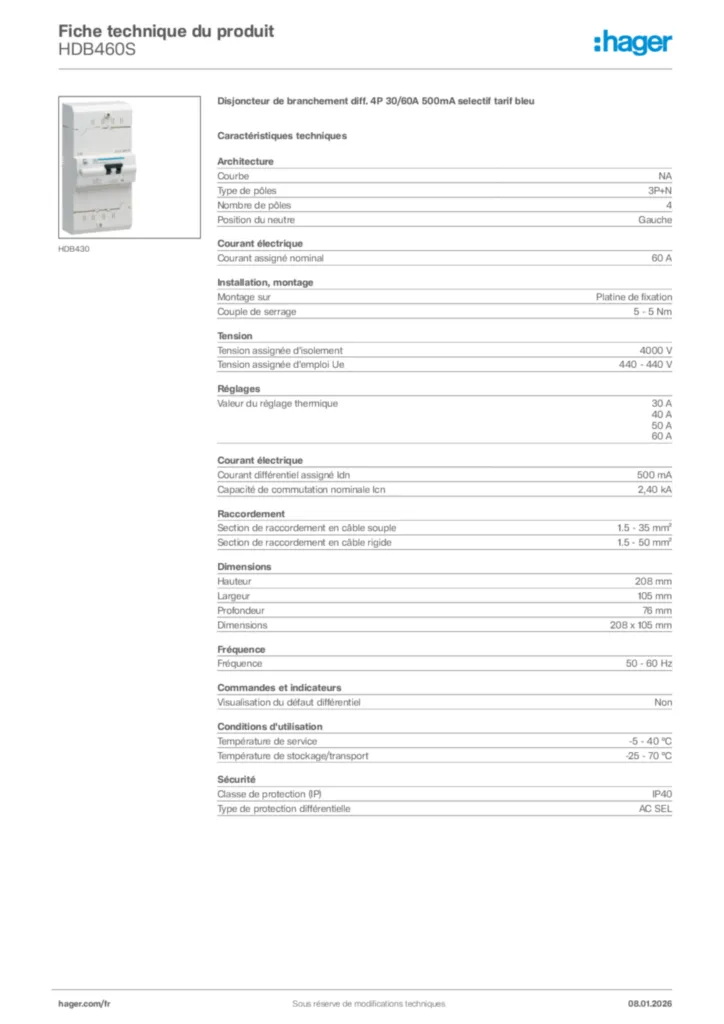 Image Hager Fiche technique du produit HDB460S | Hager France