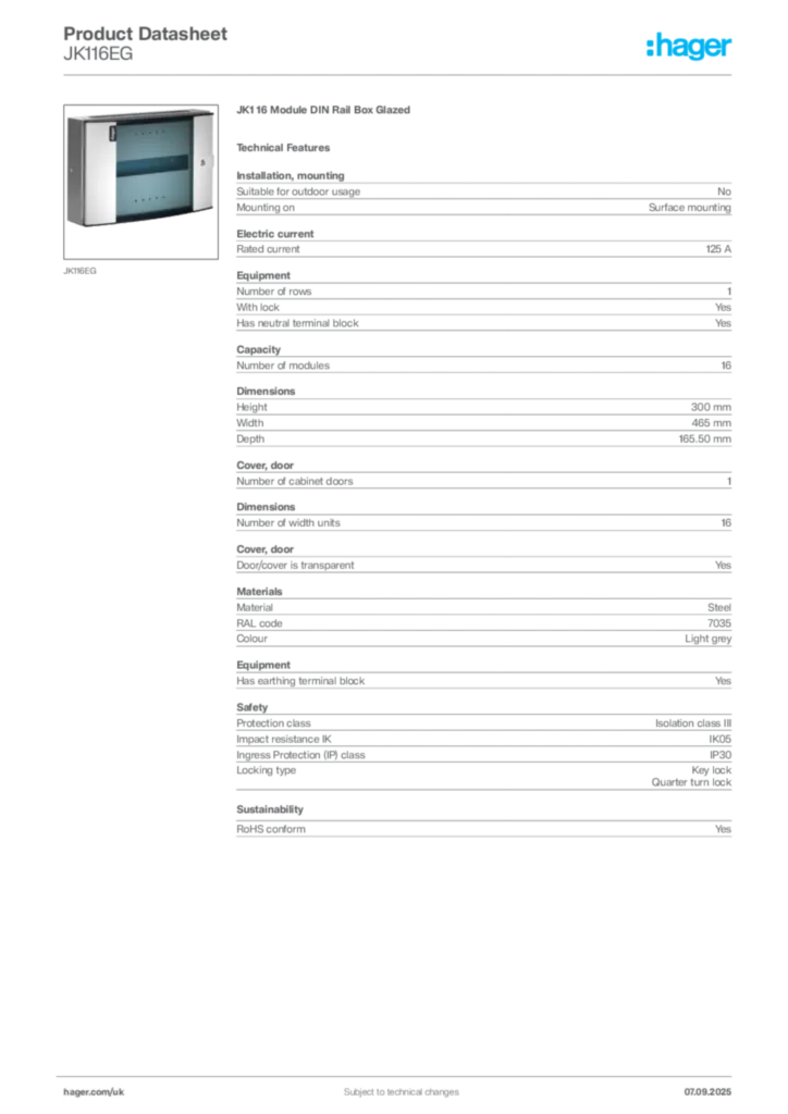 Image Hager Product data sheet JK116EG  | Hager