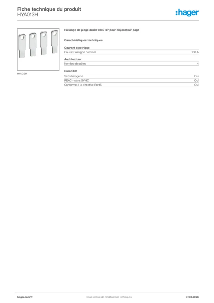 Image Hager Fiche technique du produit HYA013H | Hager France