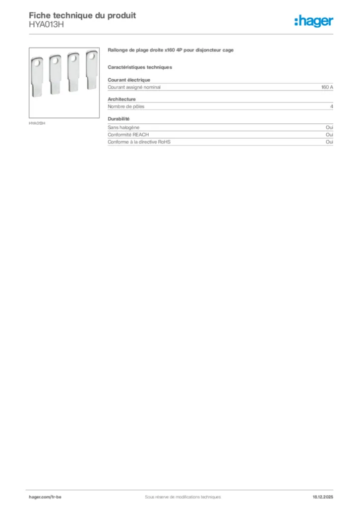Image Hager Fiche technique du produit HYA013H | Hager Belgique