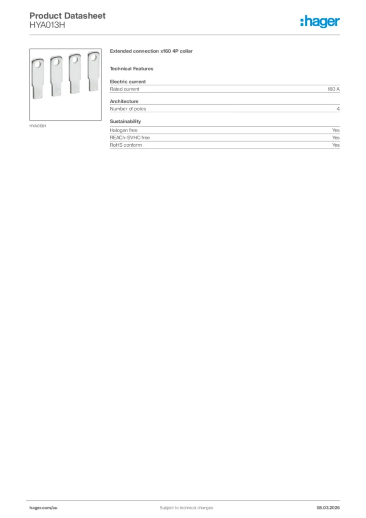 Image Hager Product data sheet HYA013H  | Hager Australia