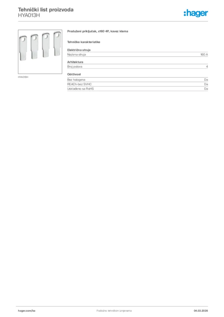 Slika Hager Tehnički list proizvoda HYA013H  | Hager