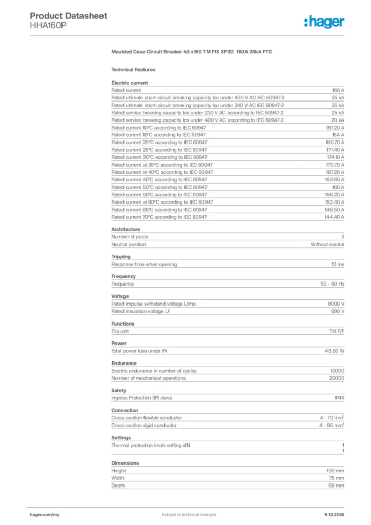 Image Hager Product data sheet HHA160P  | Hager