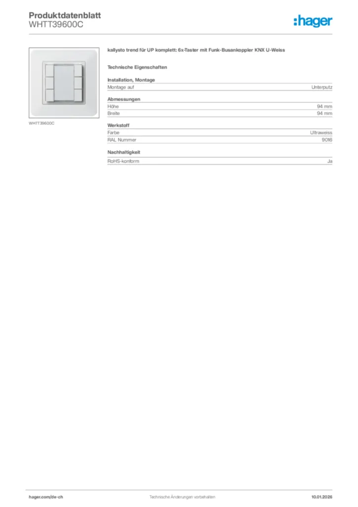 Bild Hager Produktdatenblatt WHTT39600C | Hager Schweiz