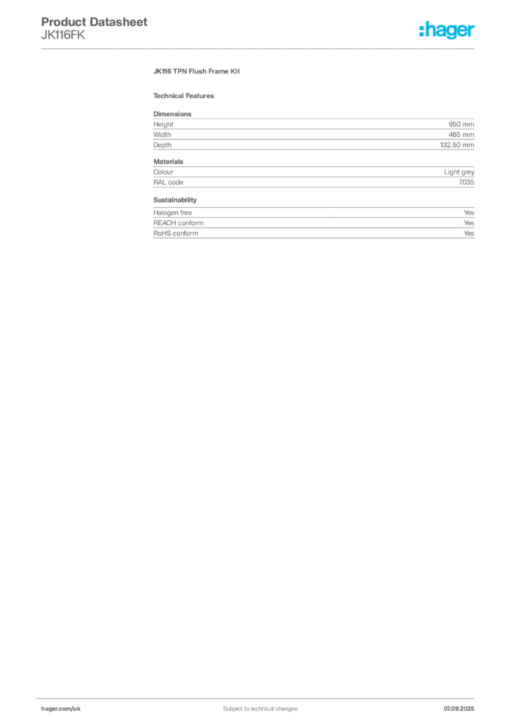 Image Hager Product data sheet JK116FK  | Hager