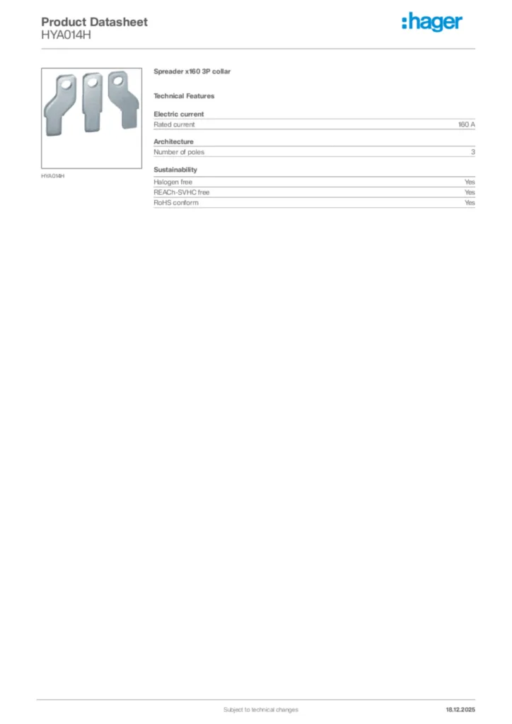 Image Hager Product data sheet HYA014H  | Hager Africa