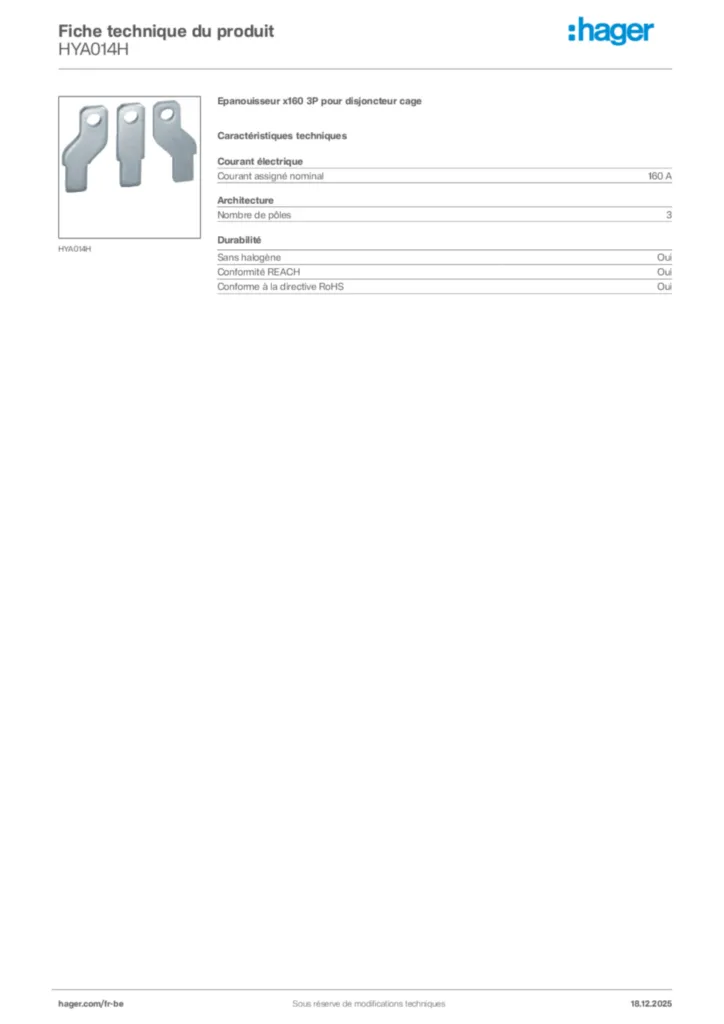 Image Hager Fiche technique du produit HYA014H | Hager Belgique