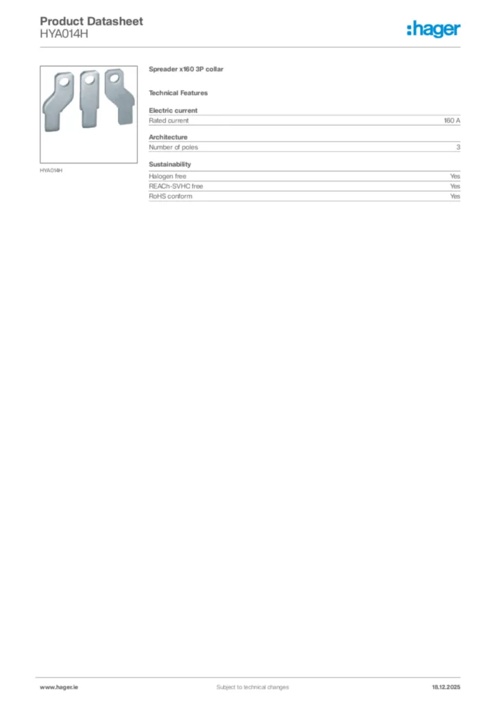 Image Hager Product data sheet HYA014H  | Hager