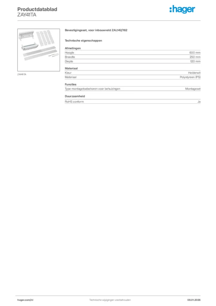 Afbeelding Hager Productdatablad ZAY41TA | Hager Nederland