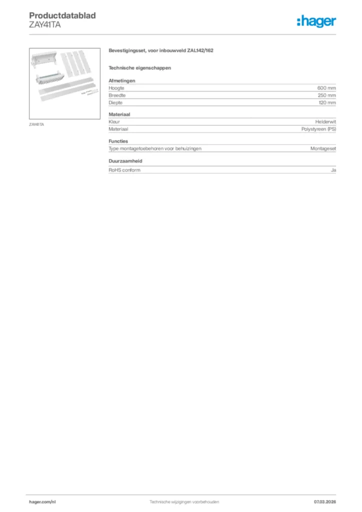 Afbeelding Hager Productdatablad ZAY41TA | Hager Nederland