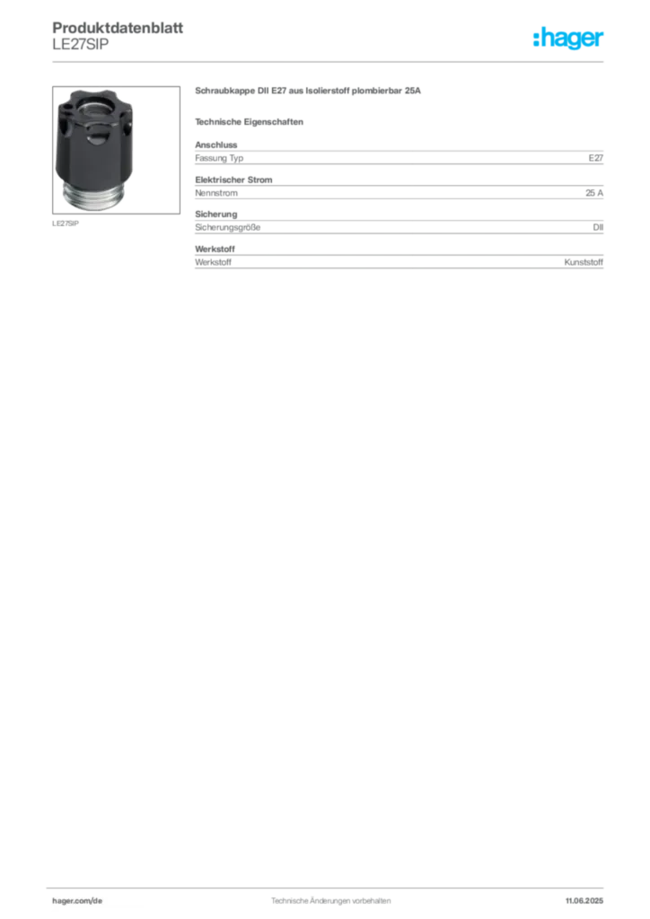 Bild Hager Produktdatenblatt LE27SIP | Hager Deutschland