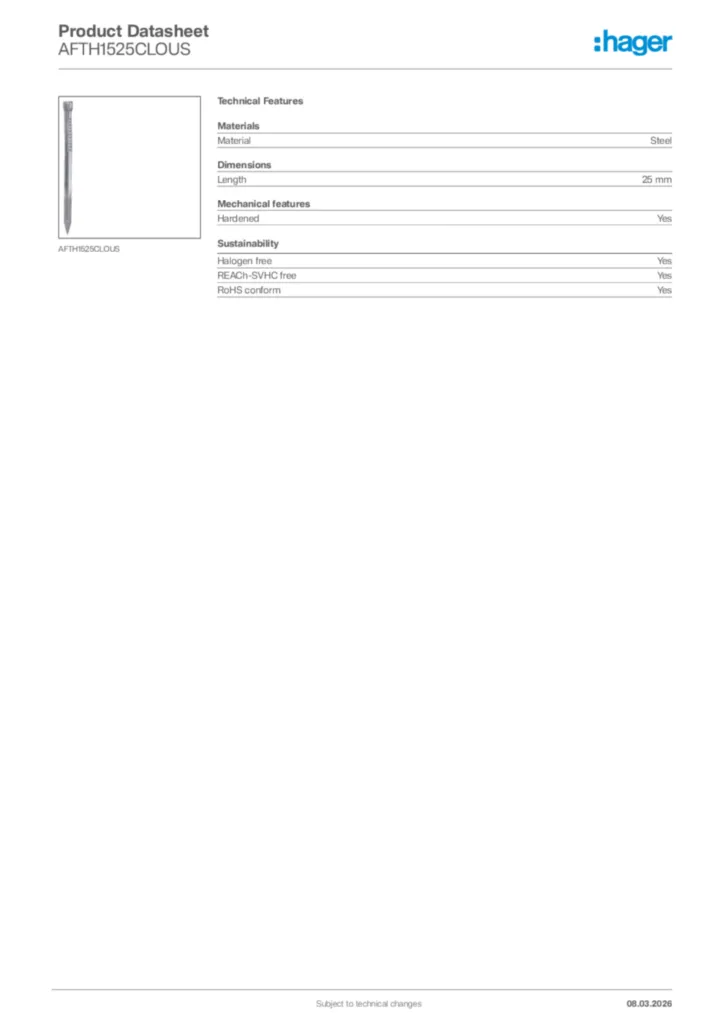 Image Hager Product data sheet AFTH1525CLOUS  | Hager Africa