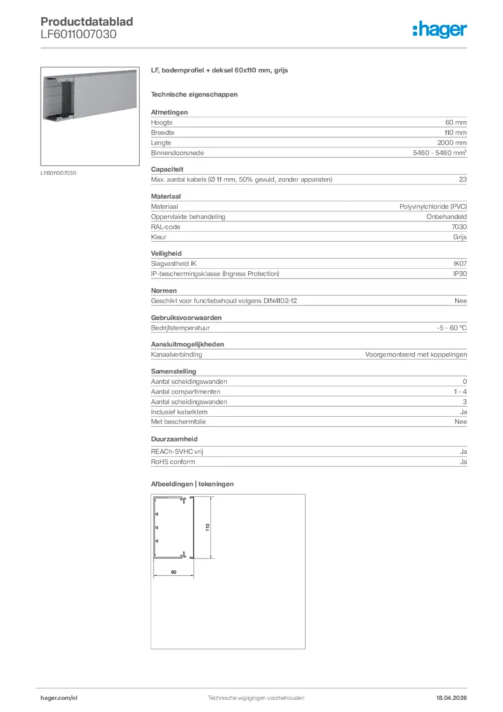 Afbeelding Hager Productdatablad LF6011007030 | Hager Nederland