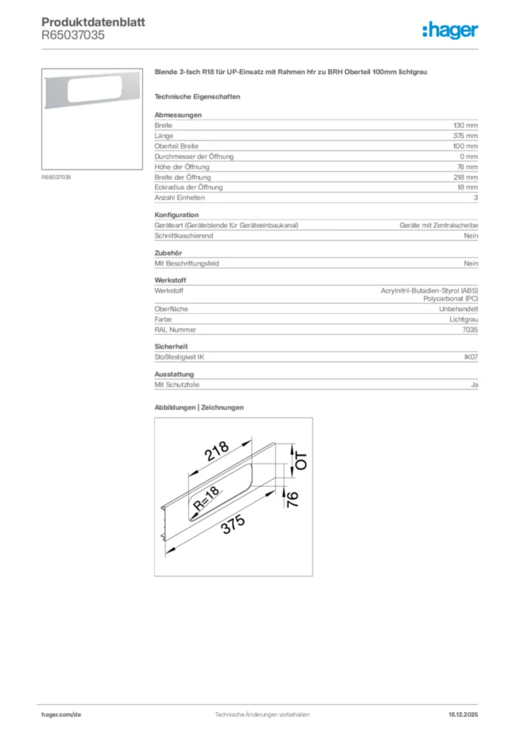 Bild Hager Produktdatenblatt R65037035 | Hager Deutschland