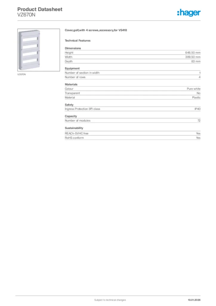 Image Hager Product data sheet VZ670N  | Hager Africa