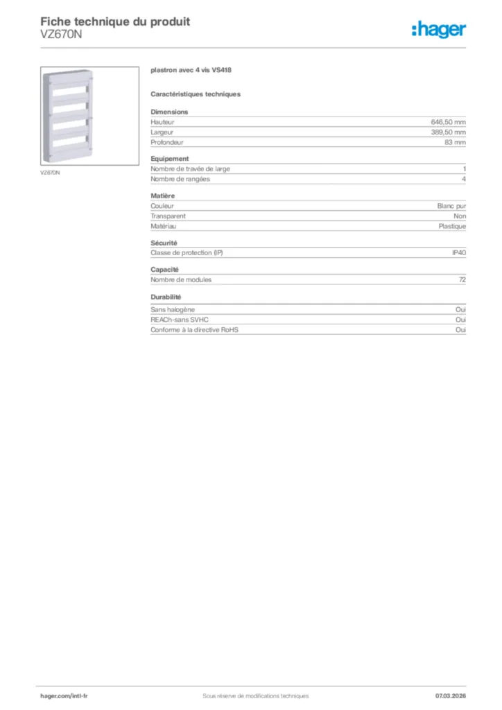 Image Hager Fiche technique du produit VZ670N | Hager Afrique