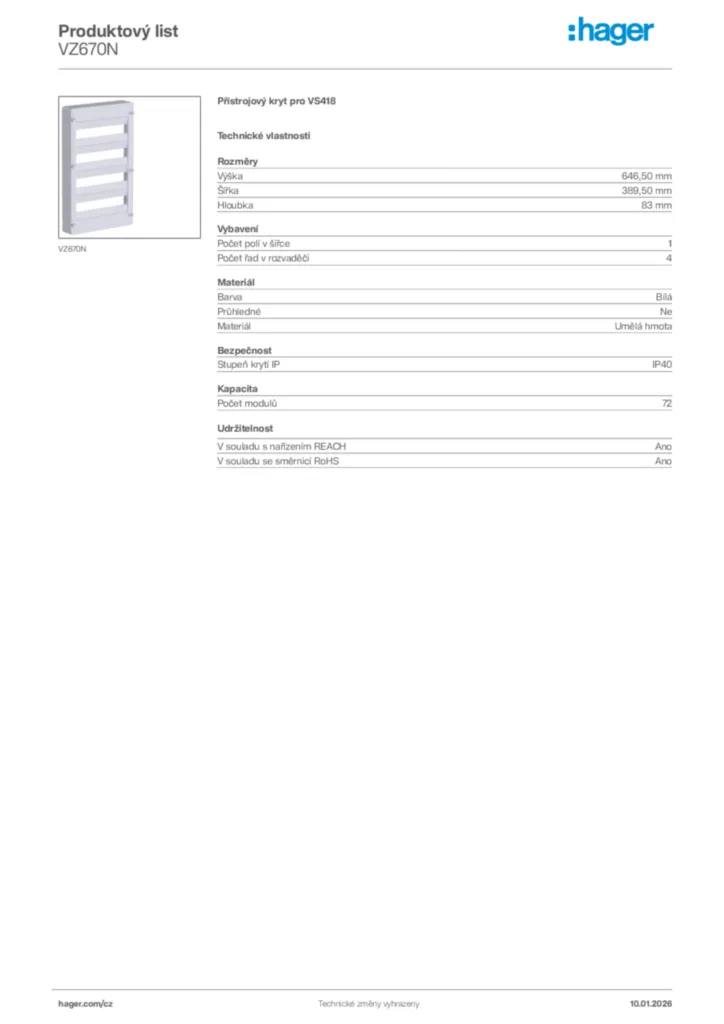 Obrázek Hager Product data sheet VZ670N | Hager