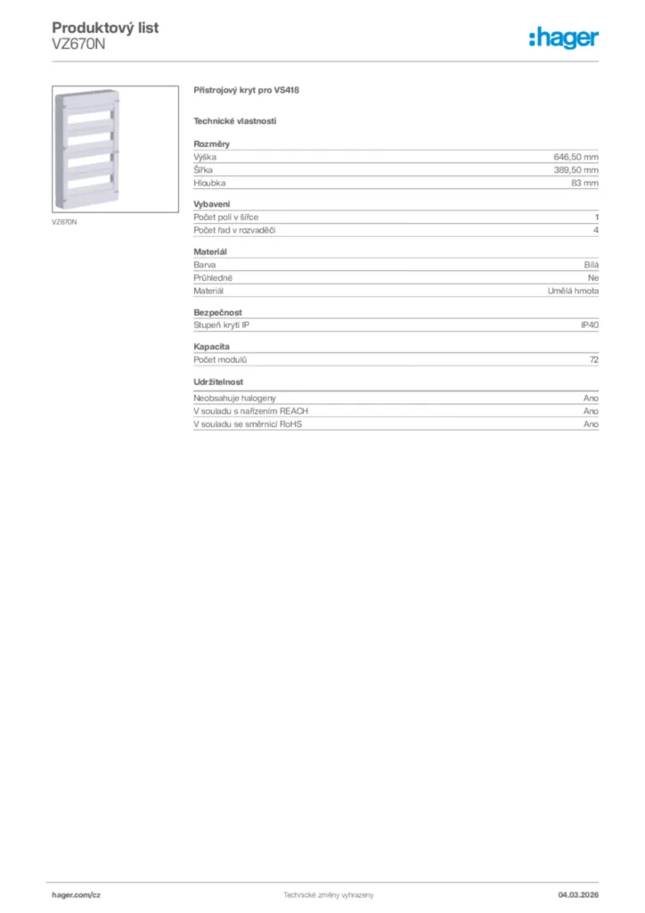 Obrázek Hager Product data sheet VZ670N | Hager