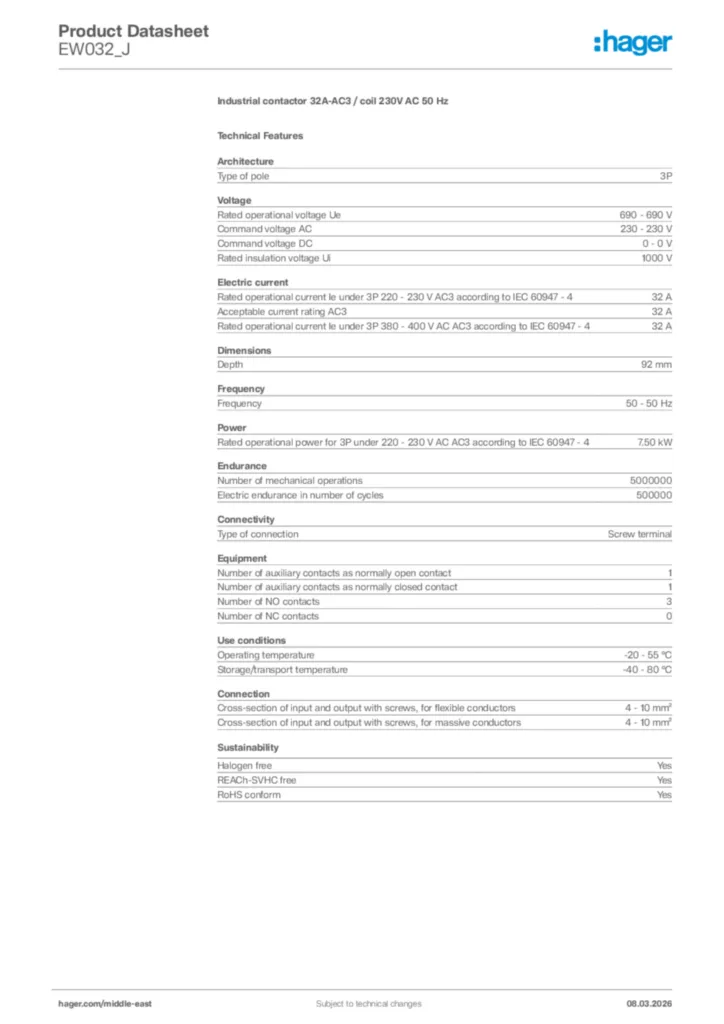 Image Hager Product data sheet EW032_J  | Hager