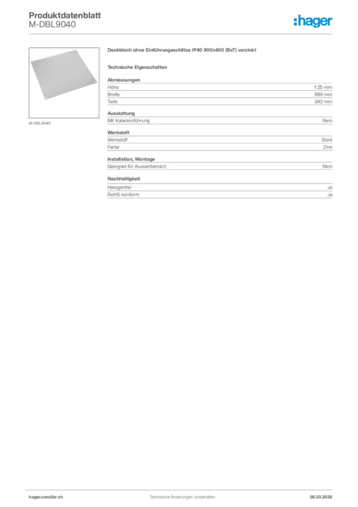 Bild Hager Produktdatenblatt M-DBL9040 | Hager Schweiz