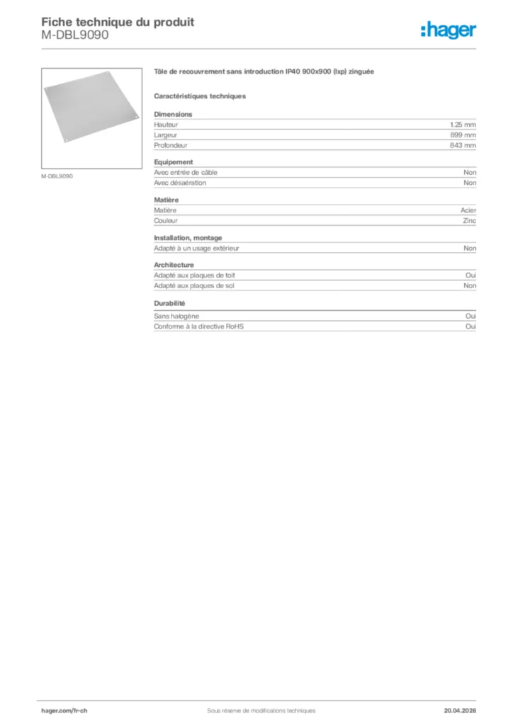 Image Hager Fiche technique du produit M-DBL9090 | Hager Suisse