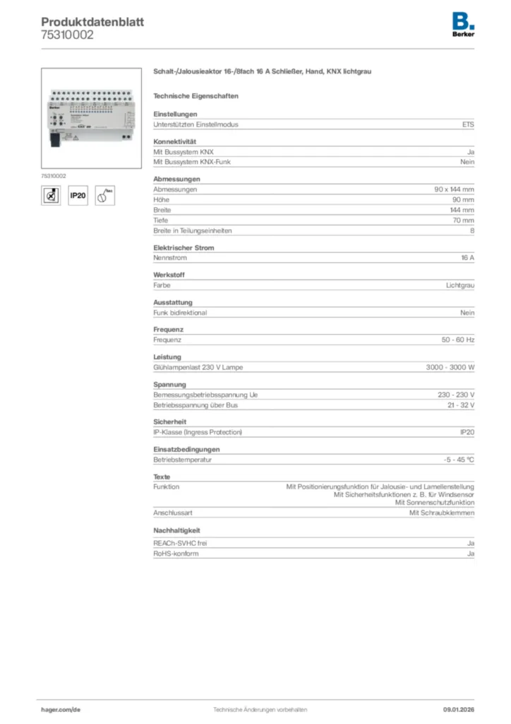 Bild Berker Produktdatenblatt 75310002 | Hager Deutschland