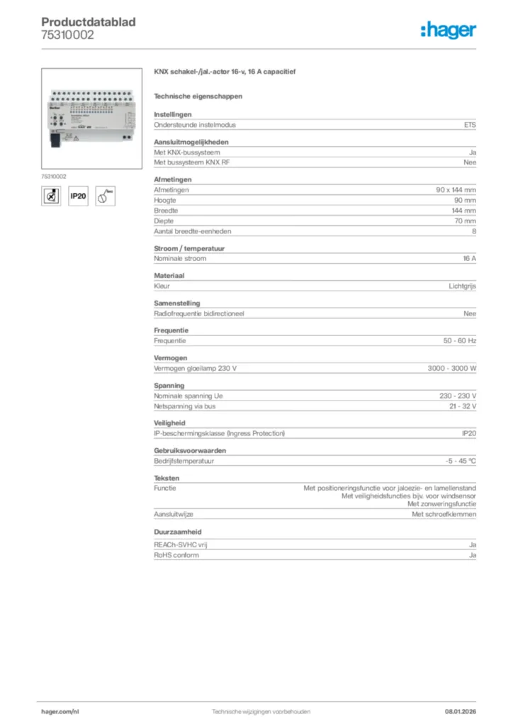 Afbeelding Hager Productdatablad 75310002 | Hager Nederland