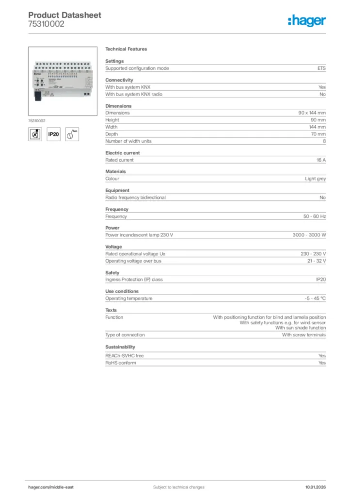 Image Hager Product data sheet 75310002  | Hager