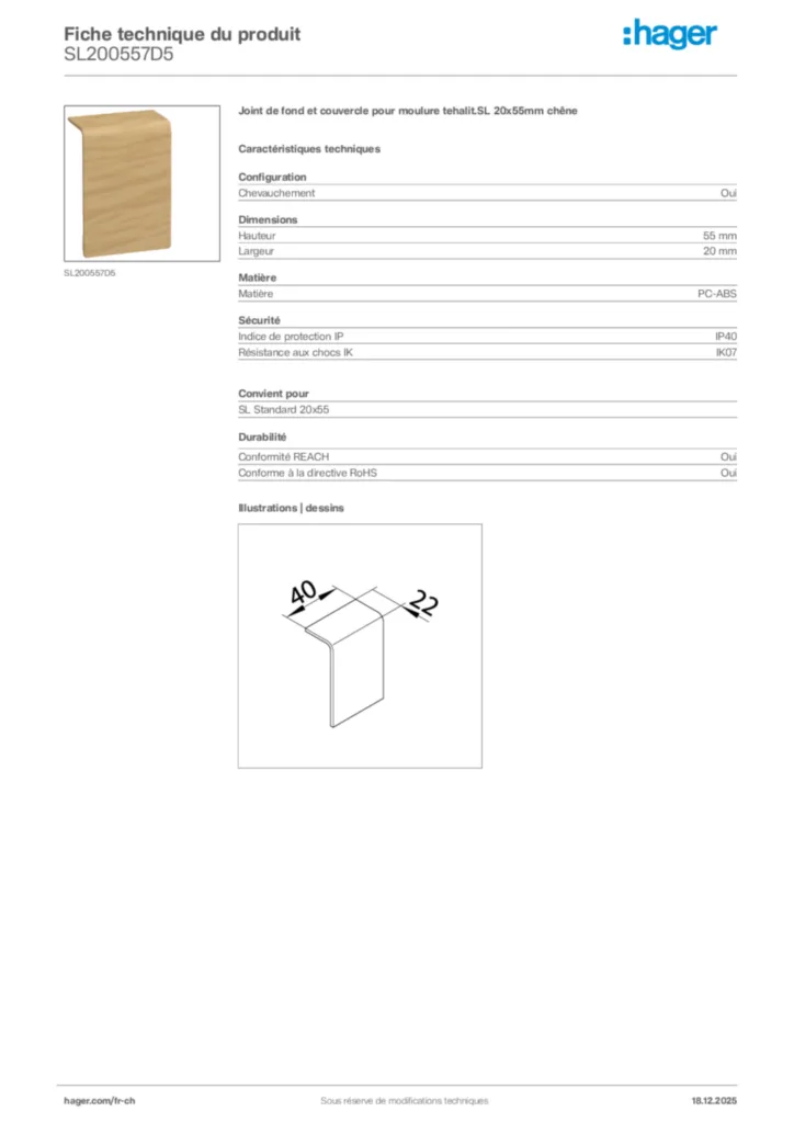 Image Hager Fiche technique du produit SL200557D5 | Hager Suisse