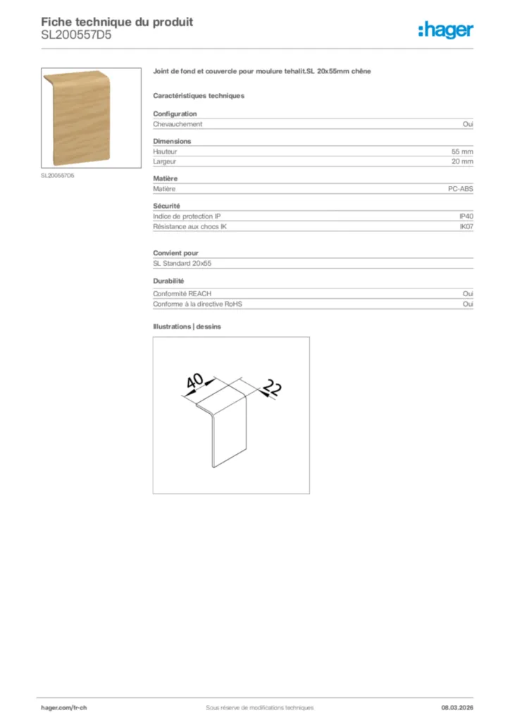 Image Hager Fiche technique du produit SL200557D5 | Hager Suisse