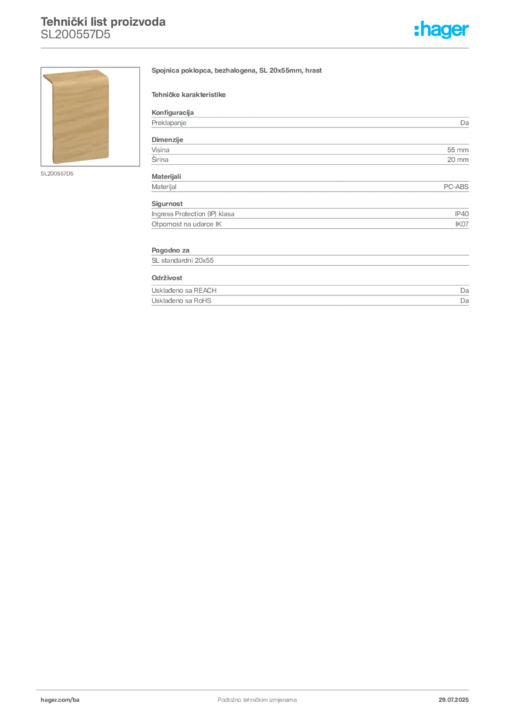 Slika Hager Product data sheet SL200557D5  | Hager