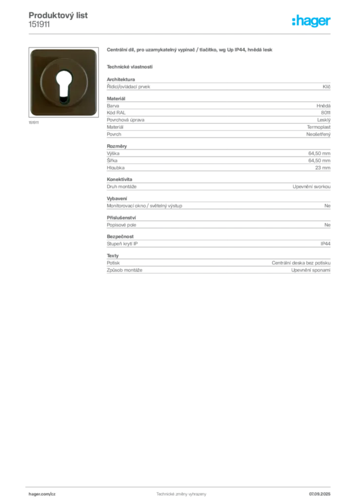 Obrázek Hager Produktový list 151911 | Hager