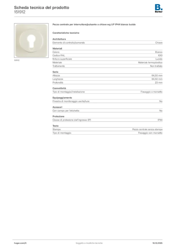 Immagine Berker Scheda tecnica del prodotto 151912 | Hager Italia
