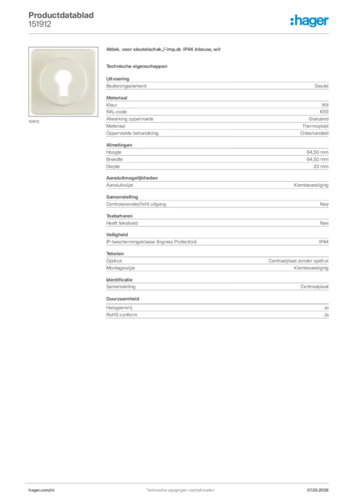 Afbeelding Hager Productdatablad 151912 | Hager Nederland