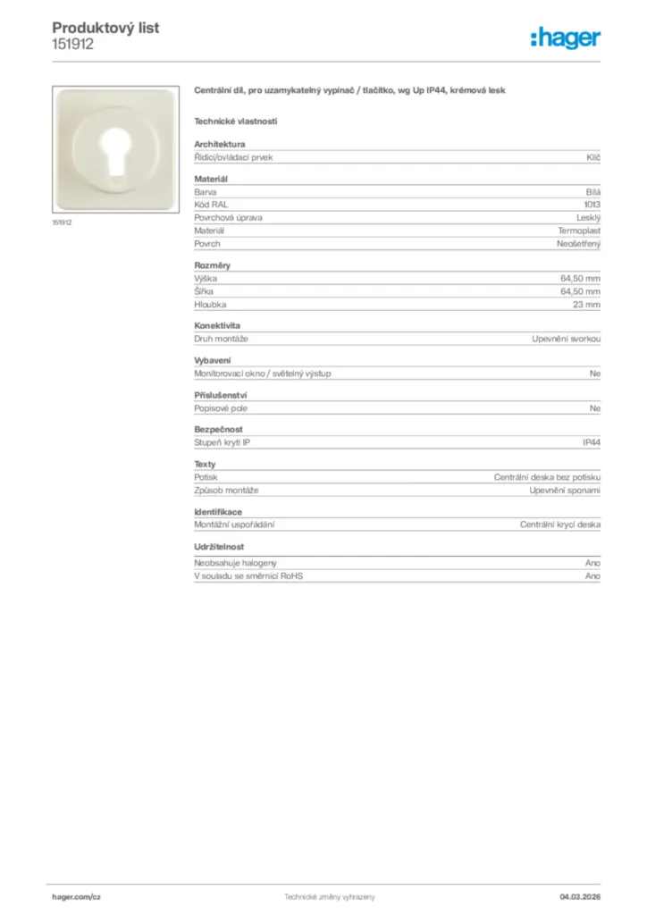 Obrázek Hager Product data sheet 151912 | Hager