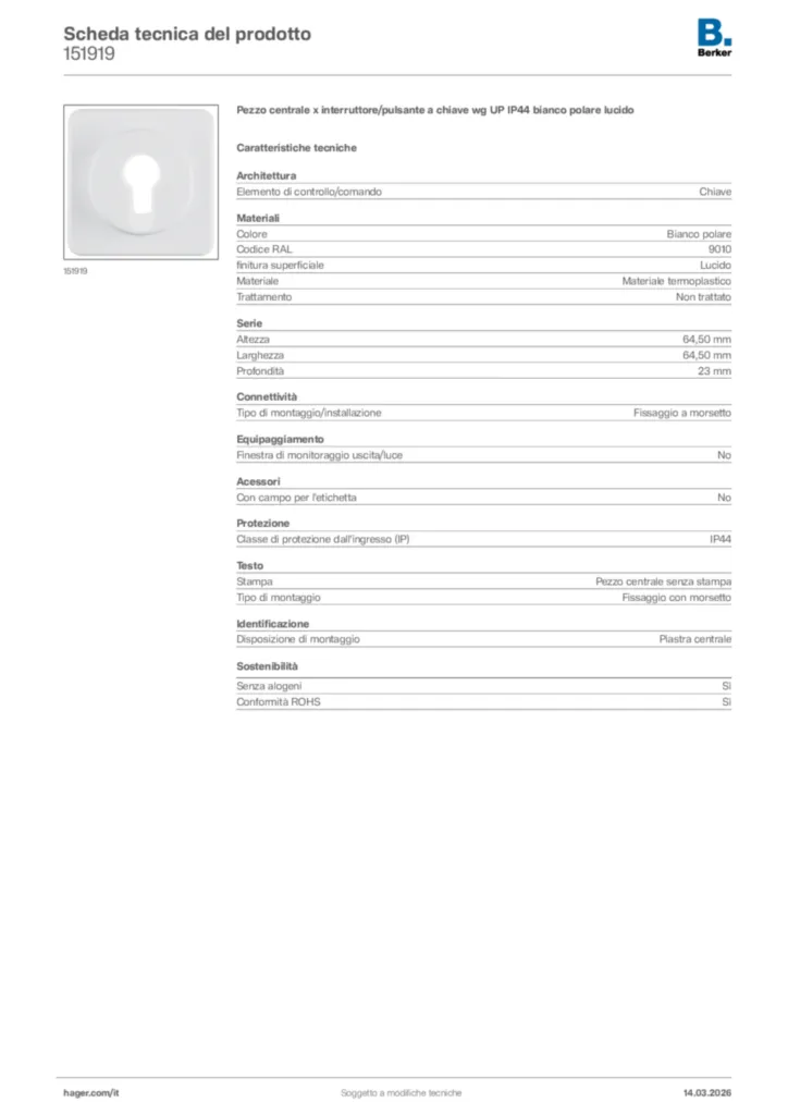 Immagine Berker Scheda tecnica del prodotto 151919 | Hager Italia