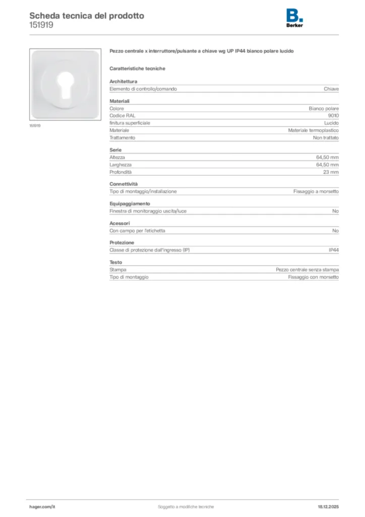 Immagine Berker Scheda tecnica del prodotto 151919 | Hager Italia