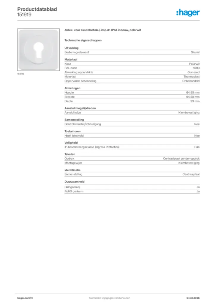 Afbeelding Hager Productdatablad 151919 | Hager Nederland