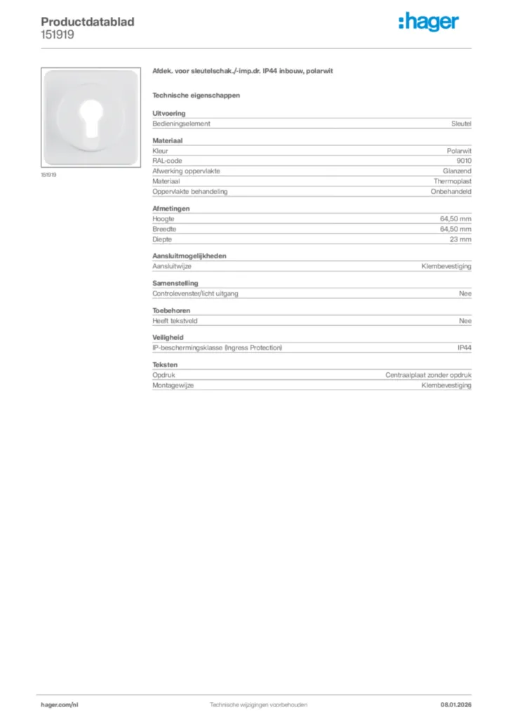 Afbeelding Hager Productdatablad 151919 | Hager Nederland