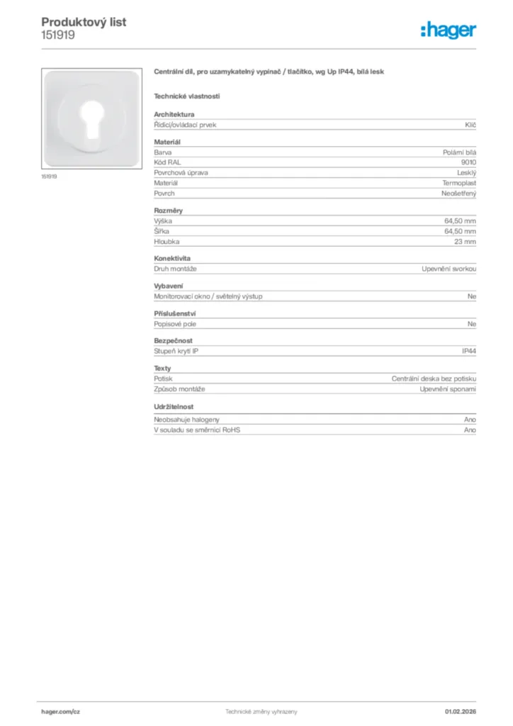 Obrázek Hager Product data sheet 151919 | Hager