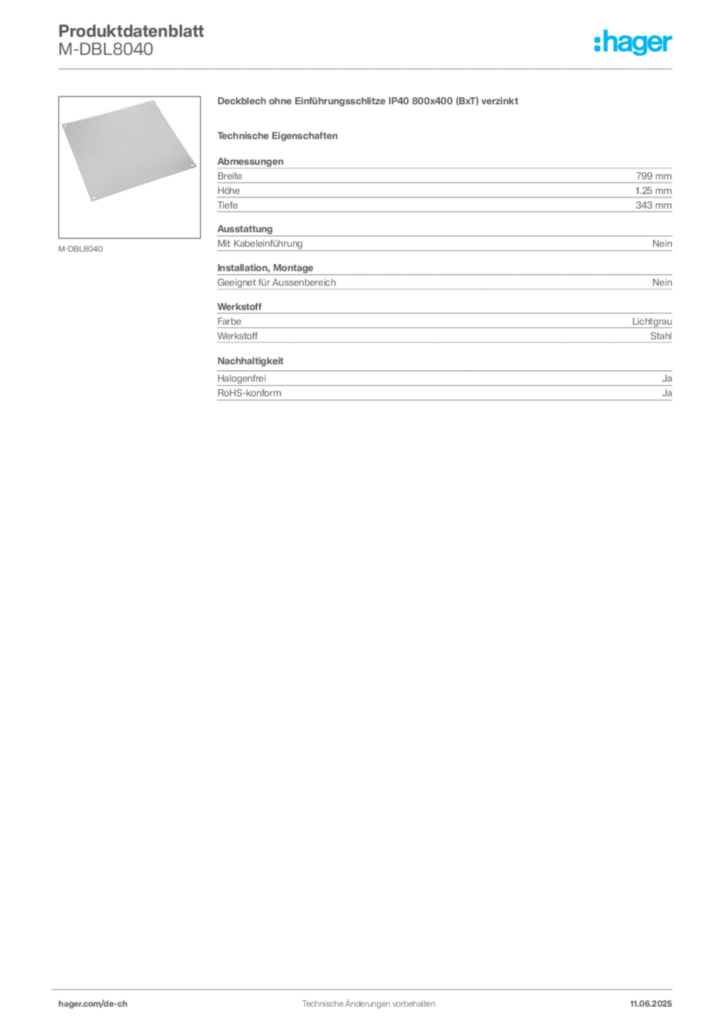 Bild Hager Produktdatenblatt M-DBL8040 | Hager Schweiz