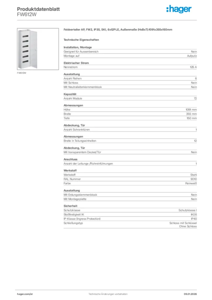 Bild Hager Produktdatenblatt FW612W | Hager Deutschland